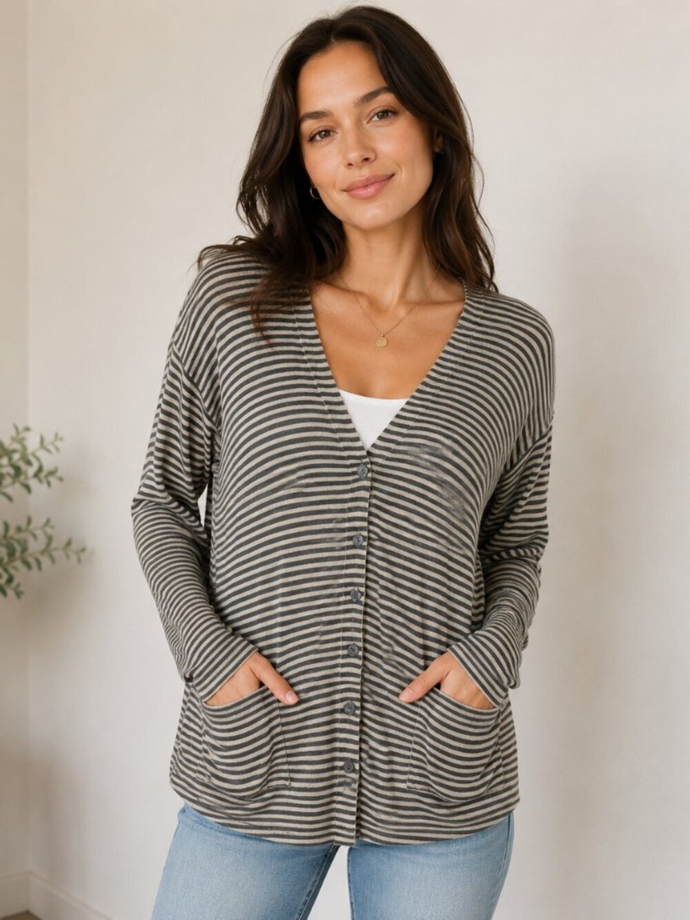 Nicole Farhi Size Xl Striped Button Front Cardigan Sweater Linen Lagen Look Gray